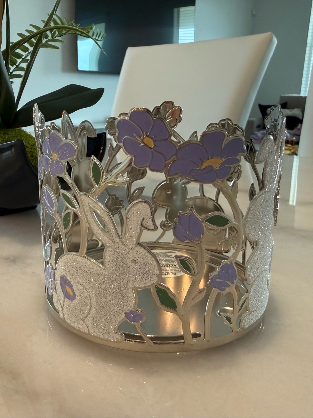 BBW Silver Bunny Easter Floral Candle Holder